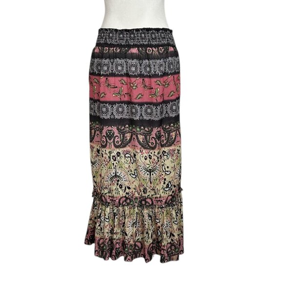 Baccini Boho Gypsy Tiered Floral Butterfly Garden Print Maxi Skirt (PM) - Picture 4 of 11